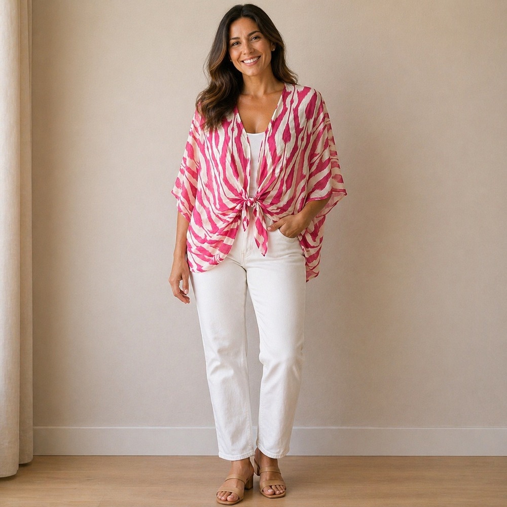 Sweet Pea by Stacy Frati Pink White Ikat Kimono Front Tie Top Small